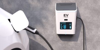 EV Charging Station, Clean energy filling technology, Electric car charging. 3D illustration